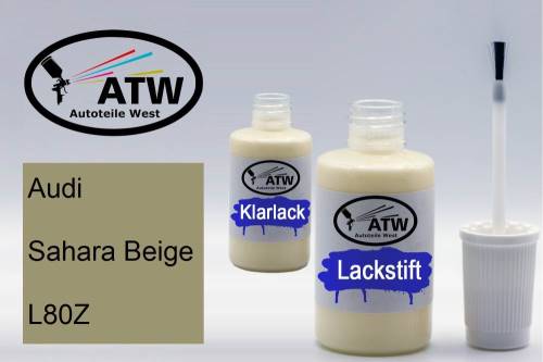 Audi, Sahara Beige, L80Z: 20ml Lackstift + 20ml Klarlack - Set, von ATW Autoteile West.